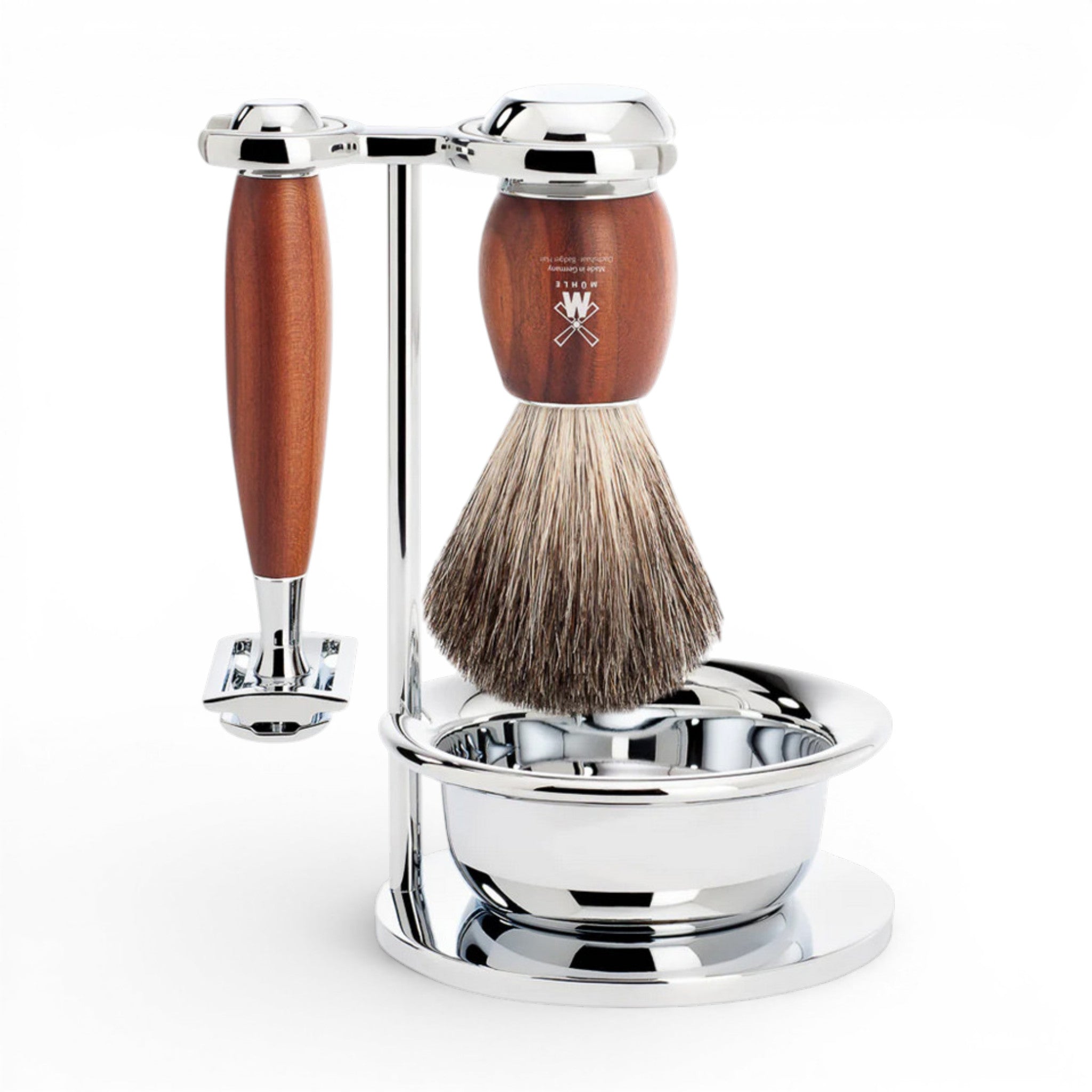 MÜHLE VIVO plum wood shaving set with pure badger brush, safety razor, chrome stand and shaving bowl