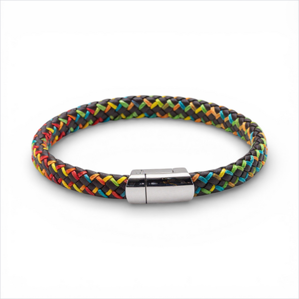 Multi colour braided leather and cotton bracelet with stainless steel magnetic clasp
