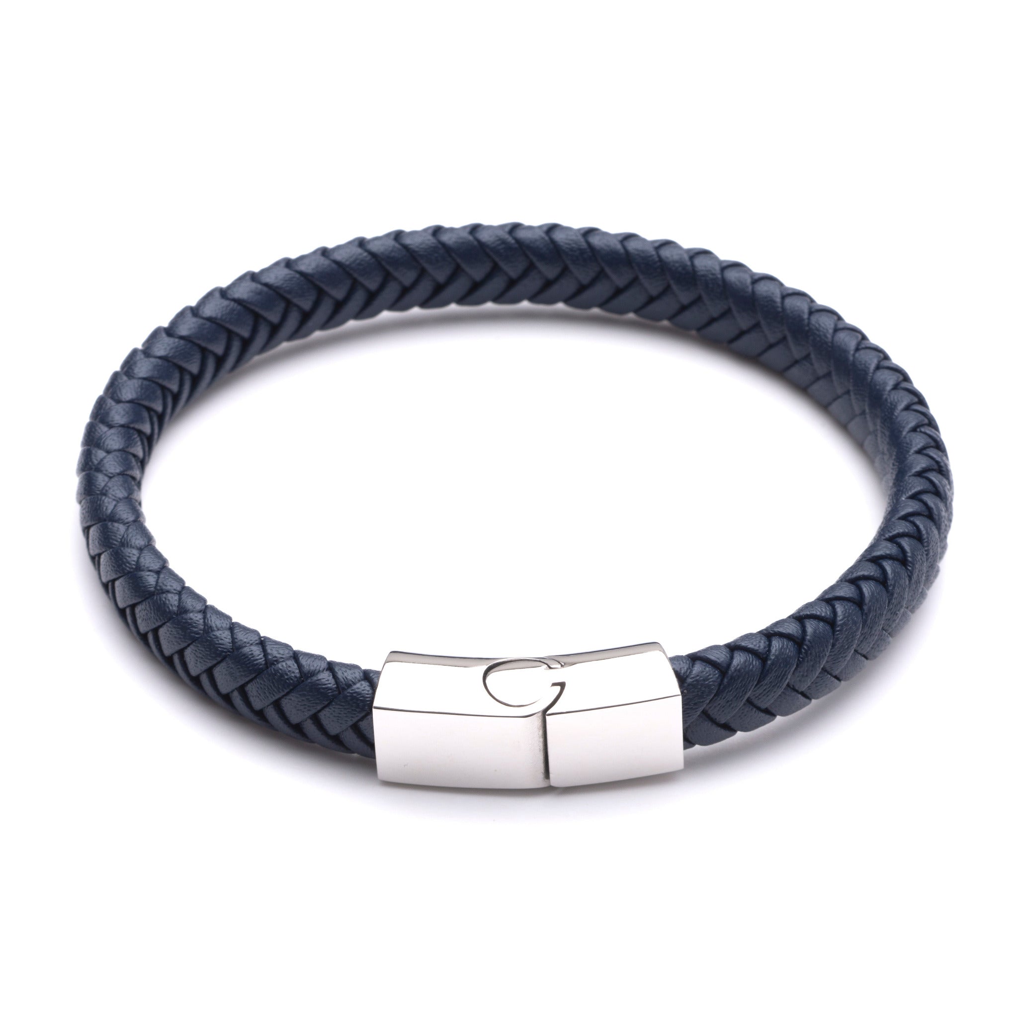 Navy 8mm plaited leather bracelet with polished stainless steel clasp