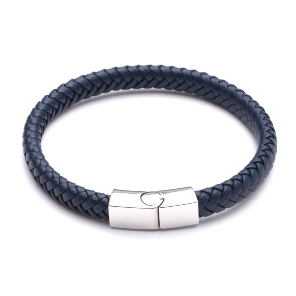 Navy 8mm plaited leather bracelet with polished stainless steel clasp