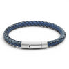 Navy and antique blue braided leather bracelet with stainless steel clasp on a white background