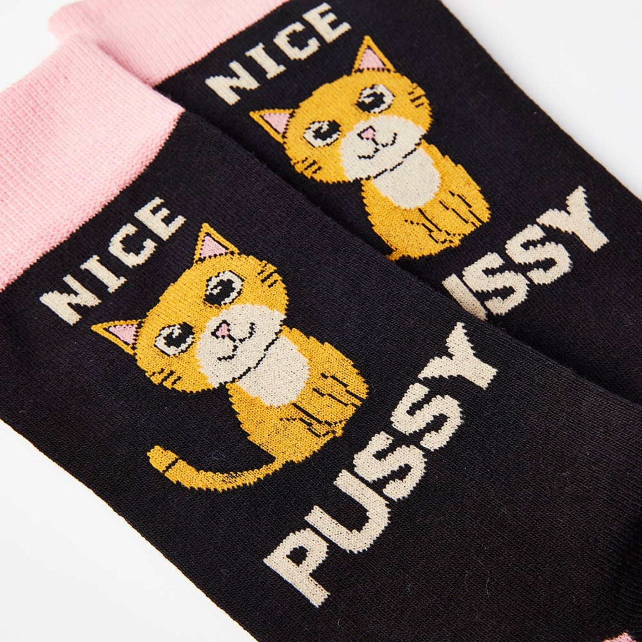 close up of cat graphic on funny novelty socks