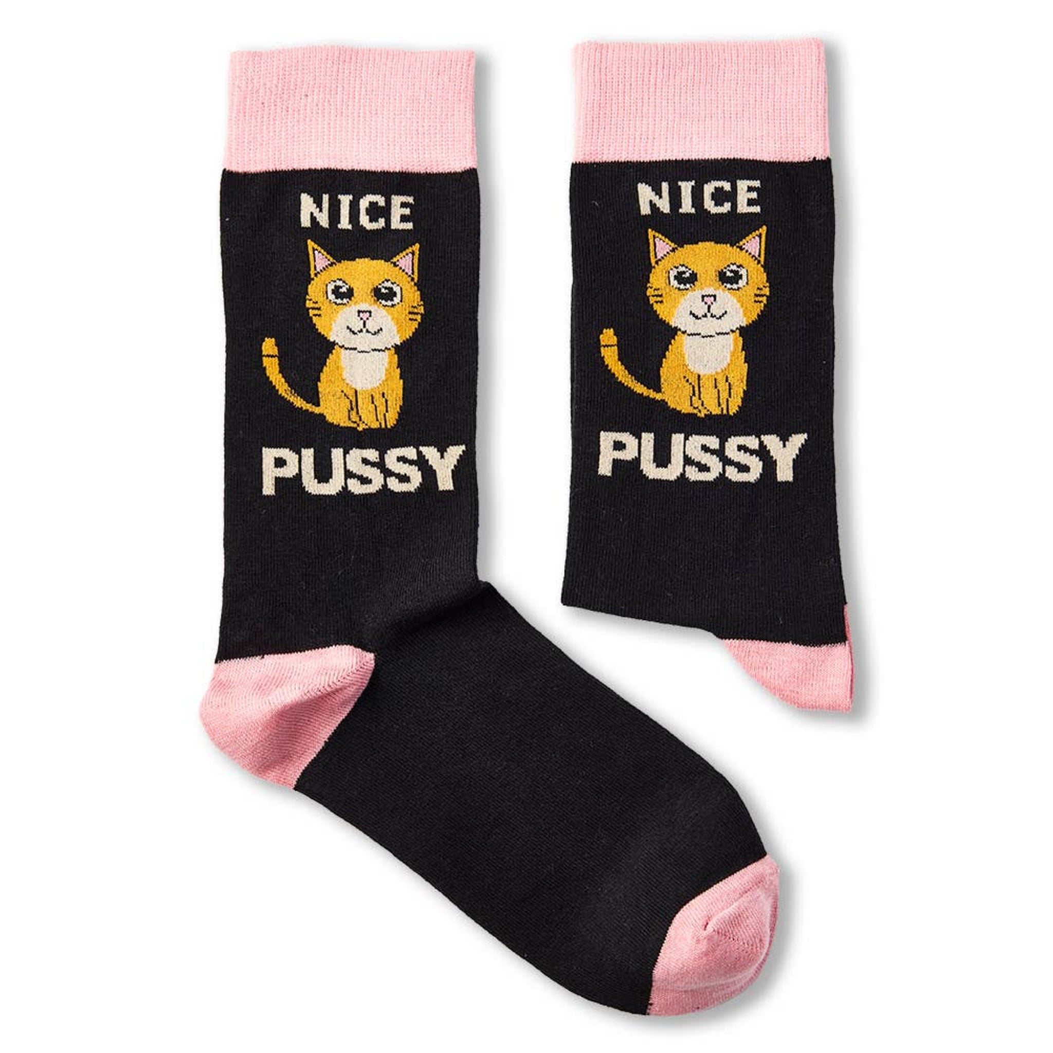 pair of novelty cat socks with pink accents