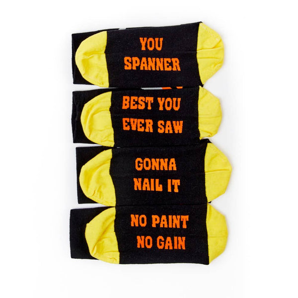 novelty tool socks slogan detail