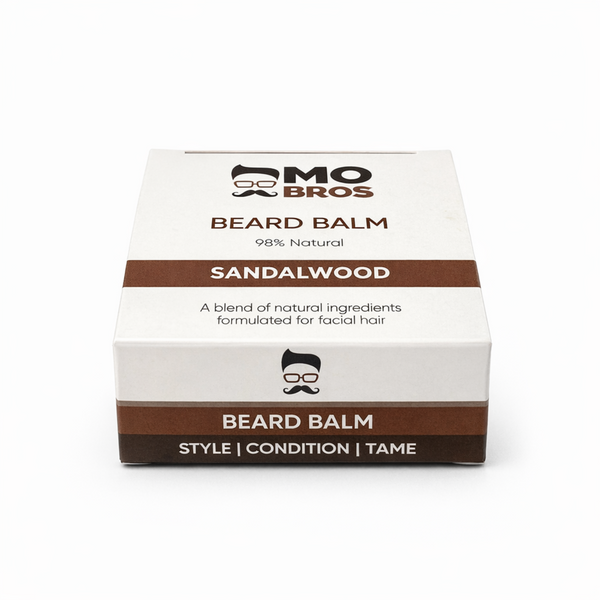 Mo Bros Sandalwood Beard Balm 25ml with branded packaging box