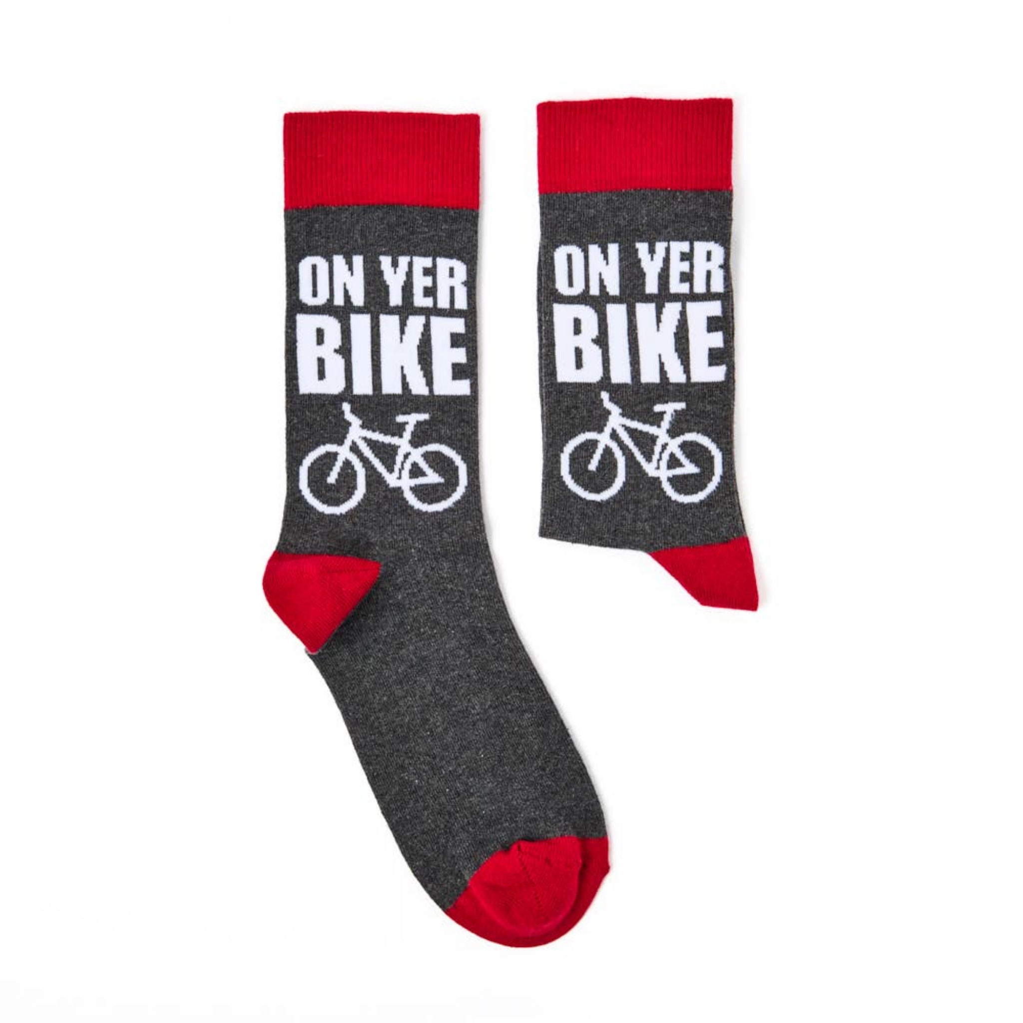 Pair of novelty socks showing on yer bike slogan and cycling graphic