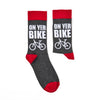 Pair of novelty socks showing on yer bike slogan and cycling graphic