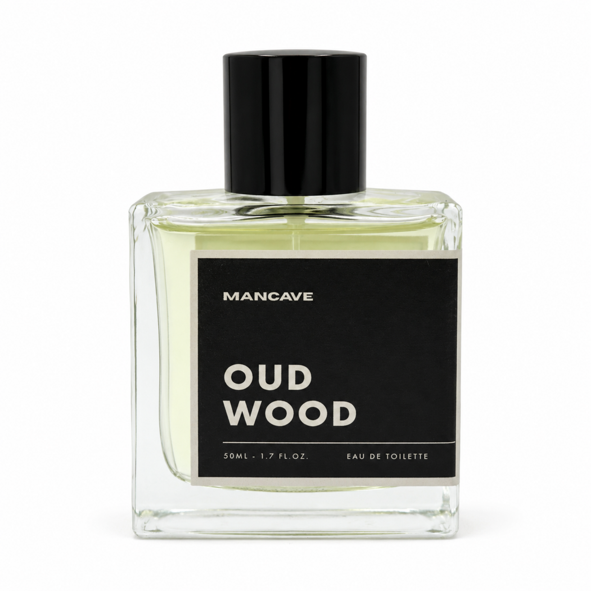 Man Cave Oud Wood Fragrance Spray 50ml men's eau de toilette bottle on a white background.
