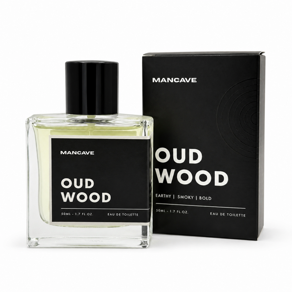 Man Cave Oud Wood Fragrance Spray 50ml with presentation box on a white background.