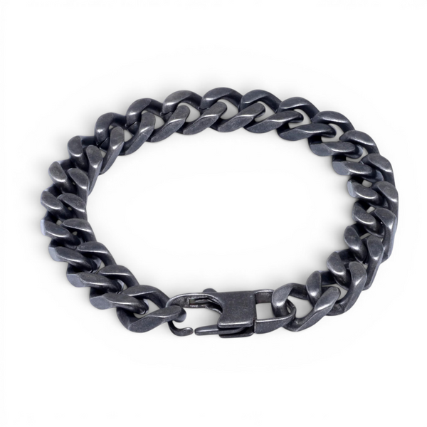 Oxidised stainless steel 10mm curb chain bracelet with dark finish and flat interlocking links