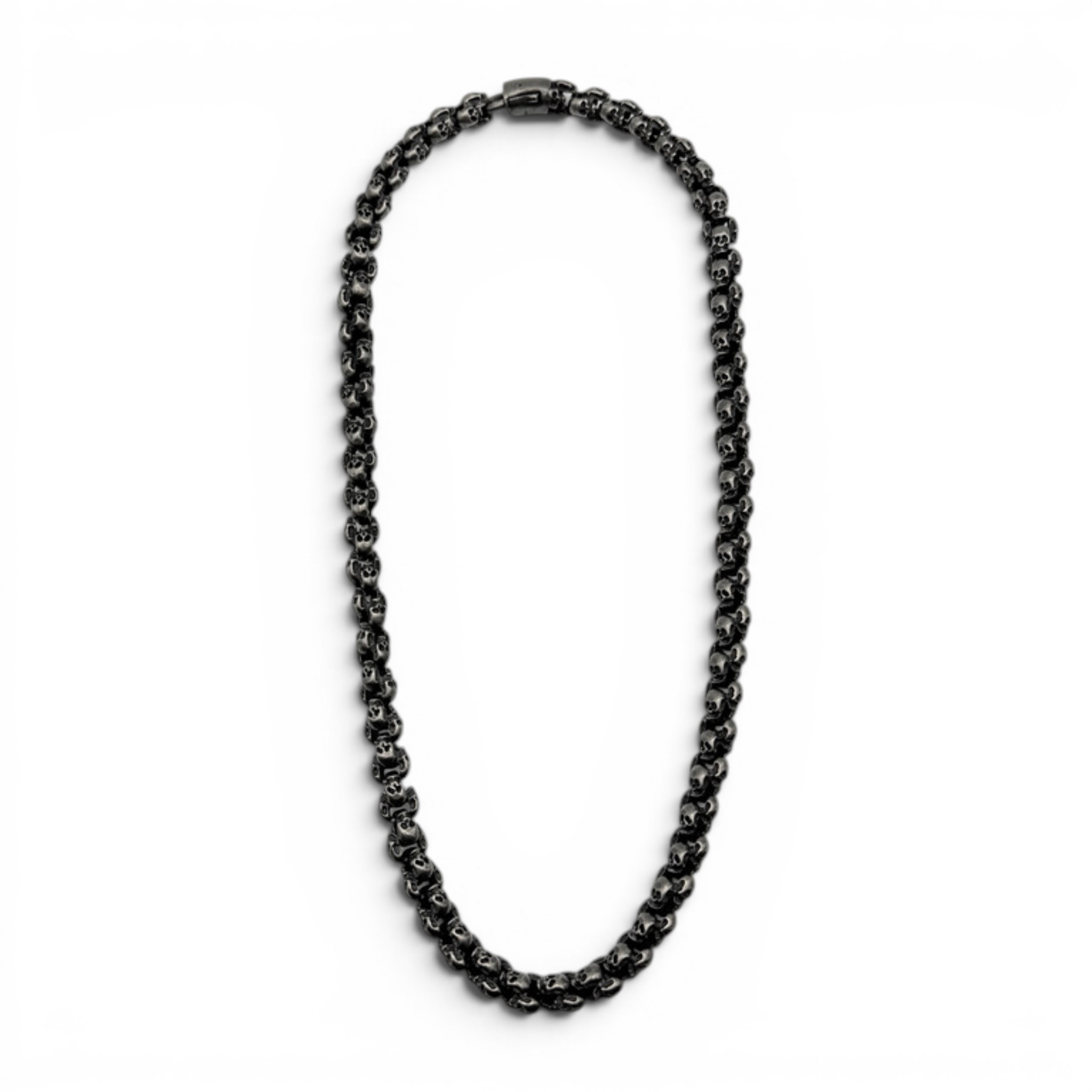Oxidised stainless steel skull link necklace full view on white background