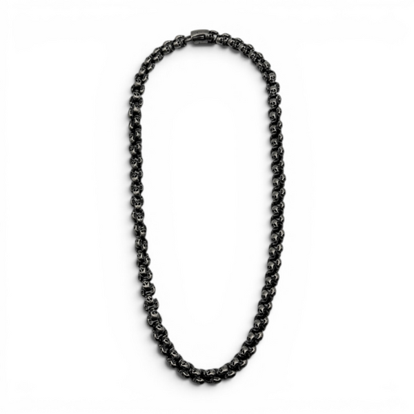 Oxidised stainless steel skull link necklace full view on white background