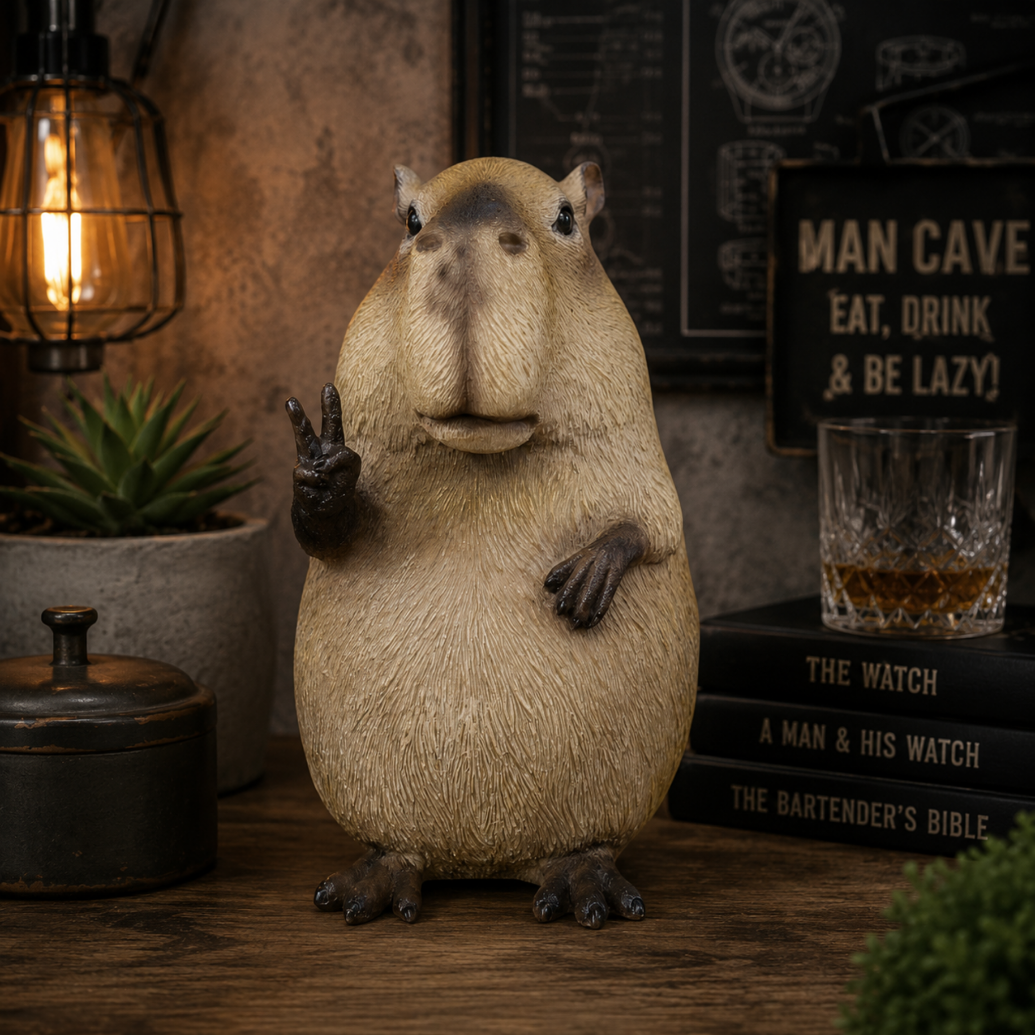Statue of a capybara making a peace sign in a cozy room with books and a lamp.