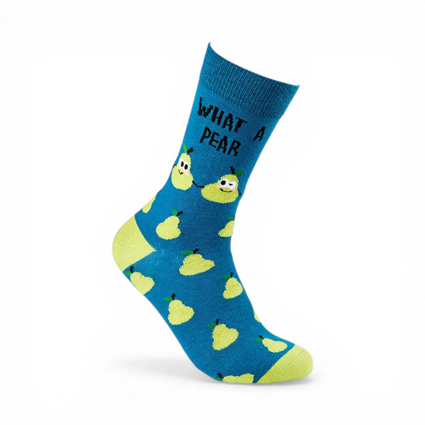 What A Pear novelty socks blue main view with pear design
