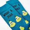 close up of What A Pear socks showing pear design and text