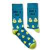 pair of What A Pear novelty socks laid flat showing full design