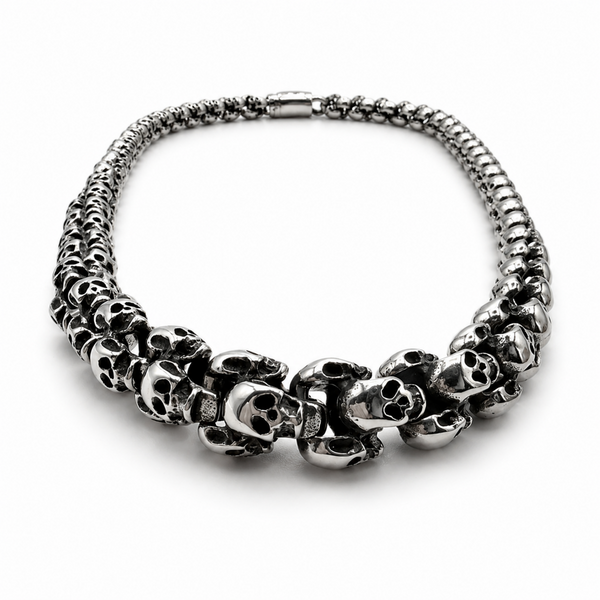 Front view of polished skull link necklace showing interlocking skull design