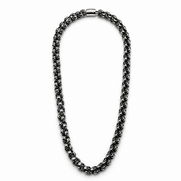 Polished stainless steel skull link necklace full view on white background