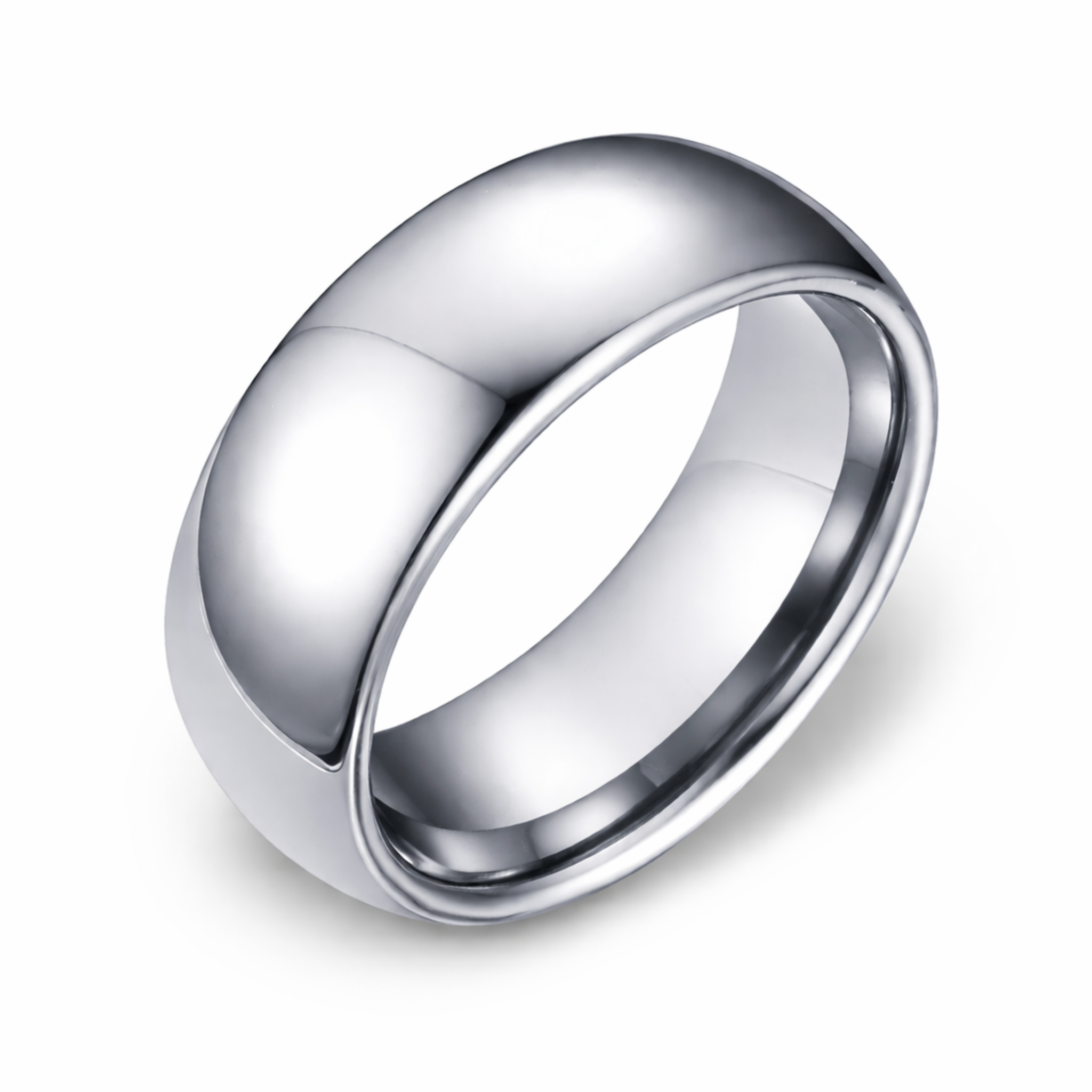 Polished tungsten ring with smooth mirror finish and rounded band