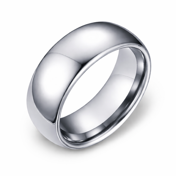 Polished tungsten ring with smooth mirror finish and rounded band