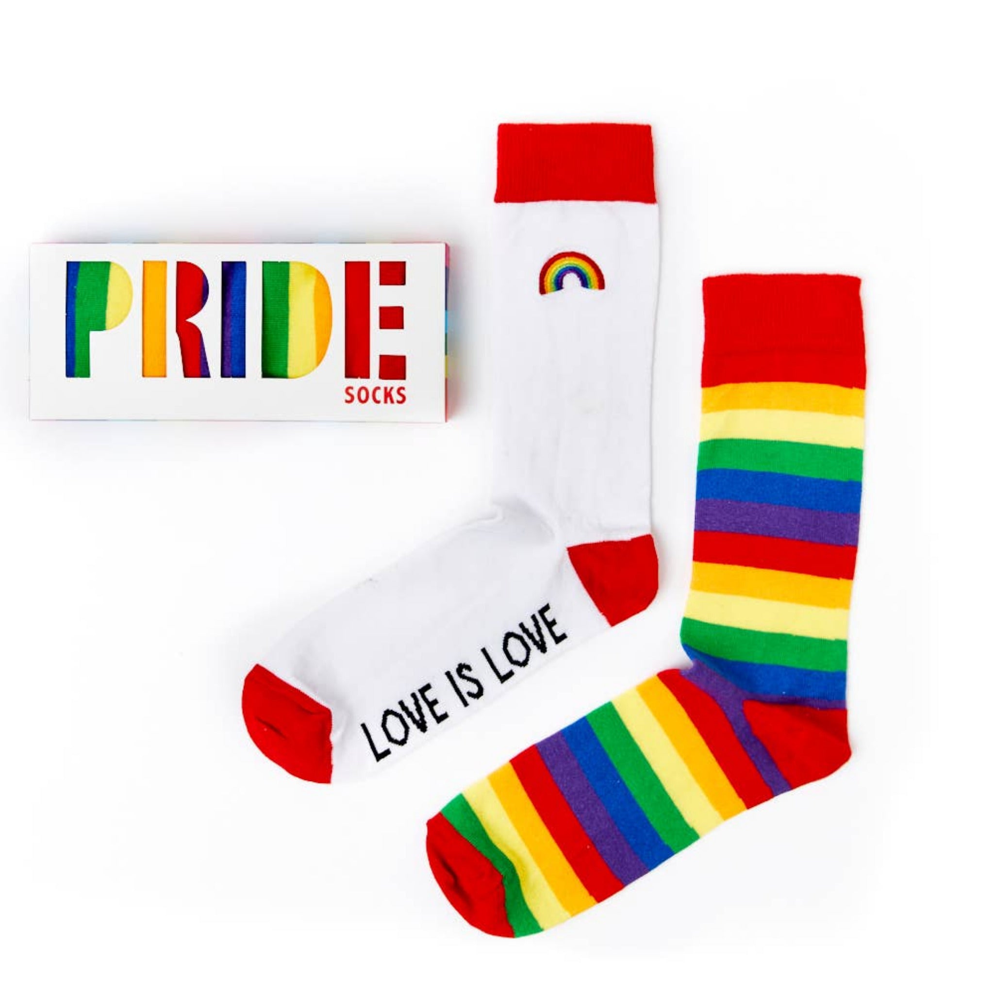pride socks gift set with two pairs displayed with branded packaging