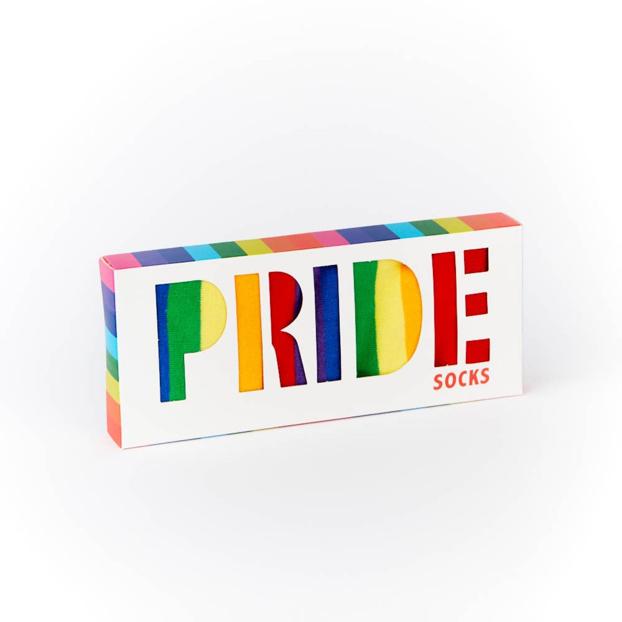 pride socks box label close up with rainbow pride branding