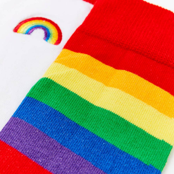 close up of rainbow striped pride socks showing fabric texture and colours