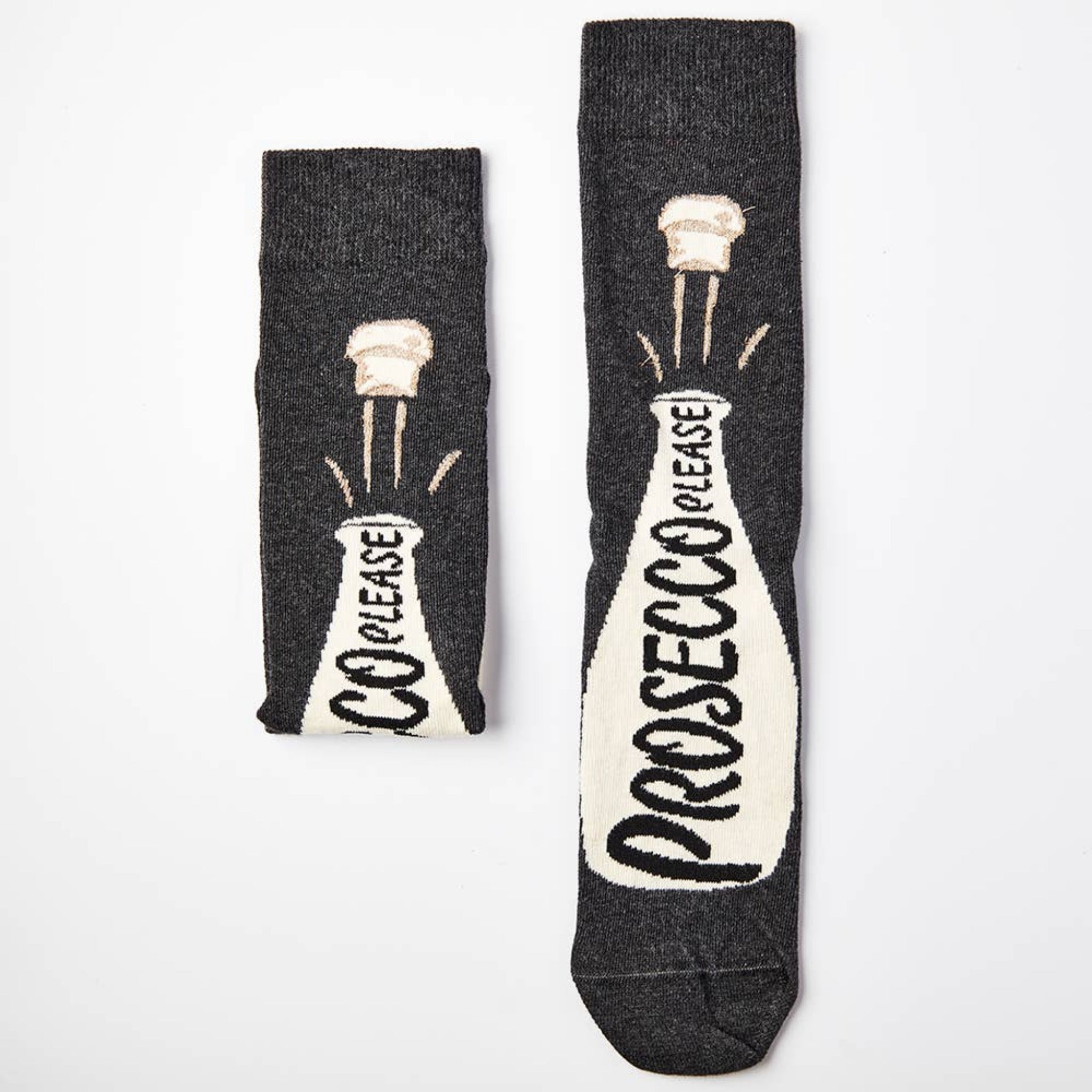 pair of prosecco themed socks with bottle and glass design