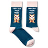 pair of Protect Your Nuts novelty socks laid flat showing full design