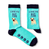 Turquoise socks with pug illustration and 'I love my pug' text on a white background
