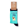Turquoise sock with pug illustration and text 'I love my Pug' on a white background