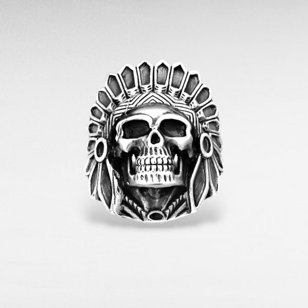 Sterling Silver Oxidized Skull and Indian Head Ring