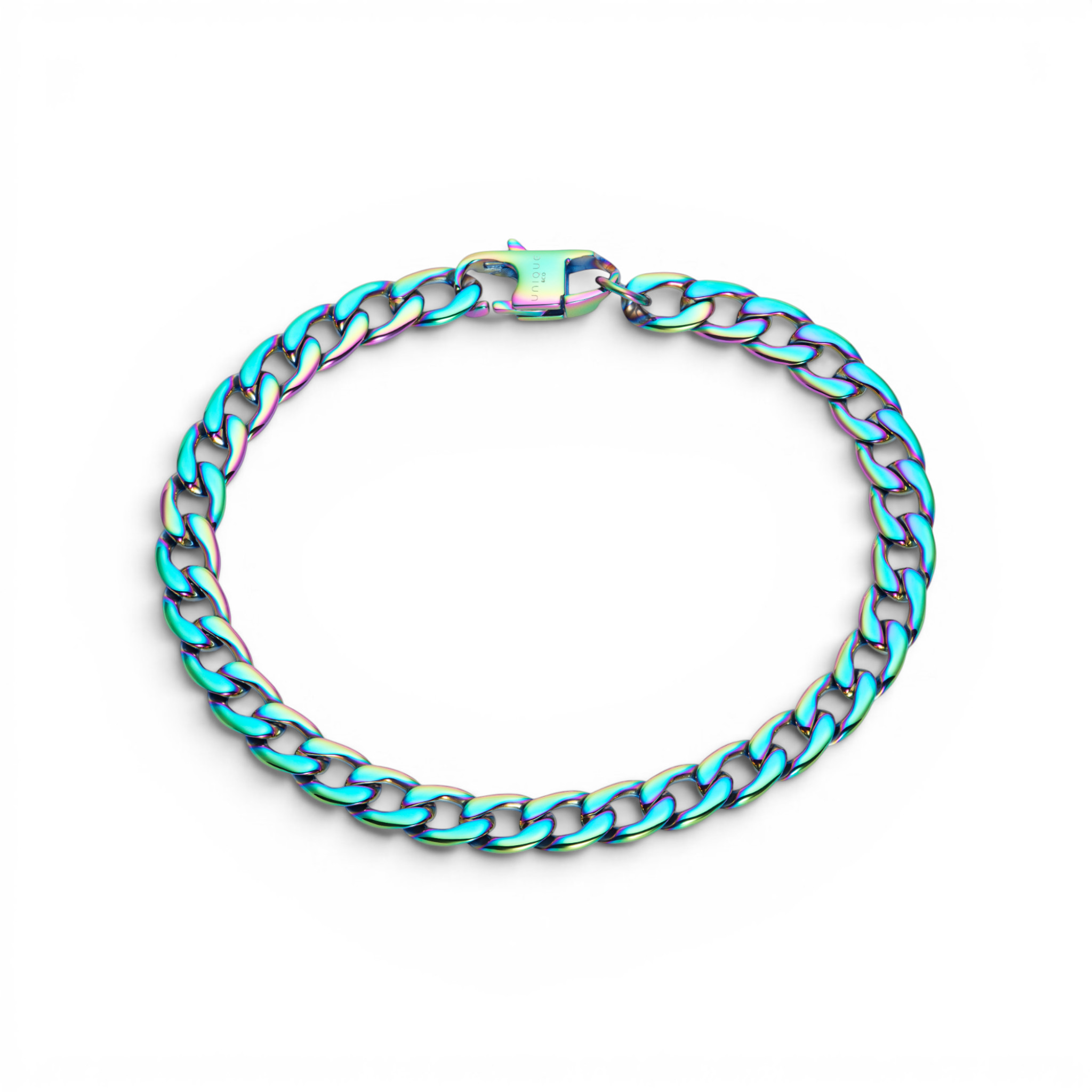 7mm stainless steel curb chain bracelet with rainbow ion plated finish and secure clasp