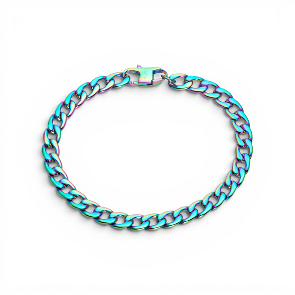 7mm stainless steel curb chain bracelet with rainbow ion plated finish and secure clasp