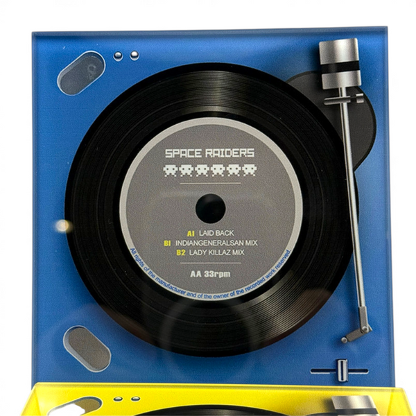 Record player design glass coaster on a white background with blue turntable style detail and vinyl record print