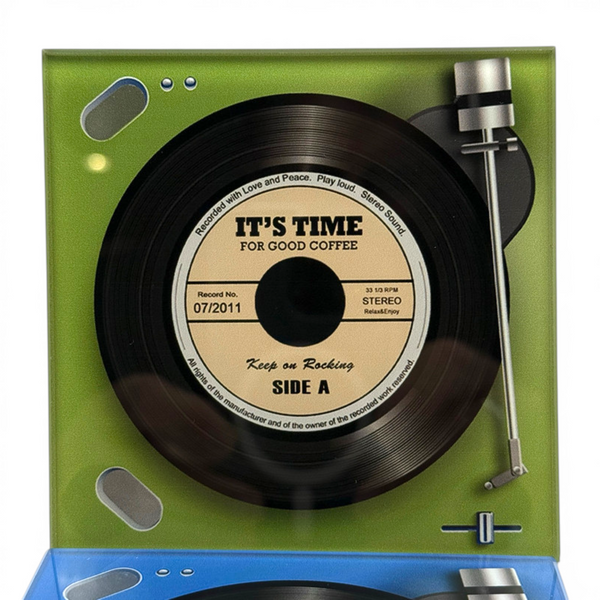 Record player design glass coaster on a white background with green turntable style detail and vinyl record print
