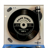 Record player design glass coaster on a white background with grey turntable style detail and vinyl record print