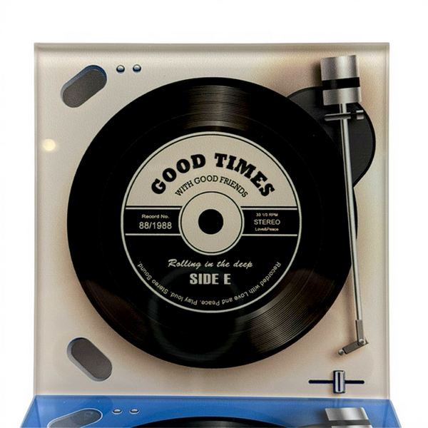 Record player design glass coaster on a white background with grey turntable style detail and vinyl record print