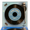Record player design glass coaster on a white background with light blue turntable style detail and vinyl record print