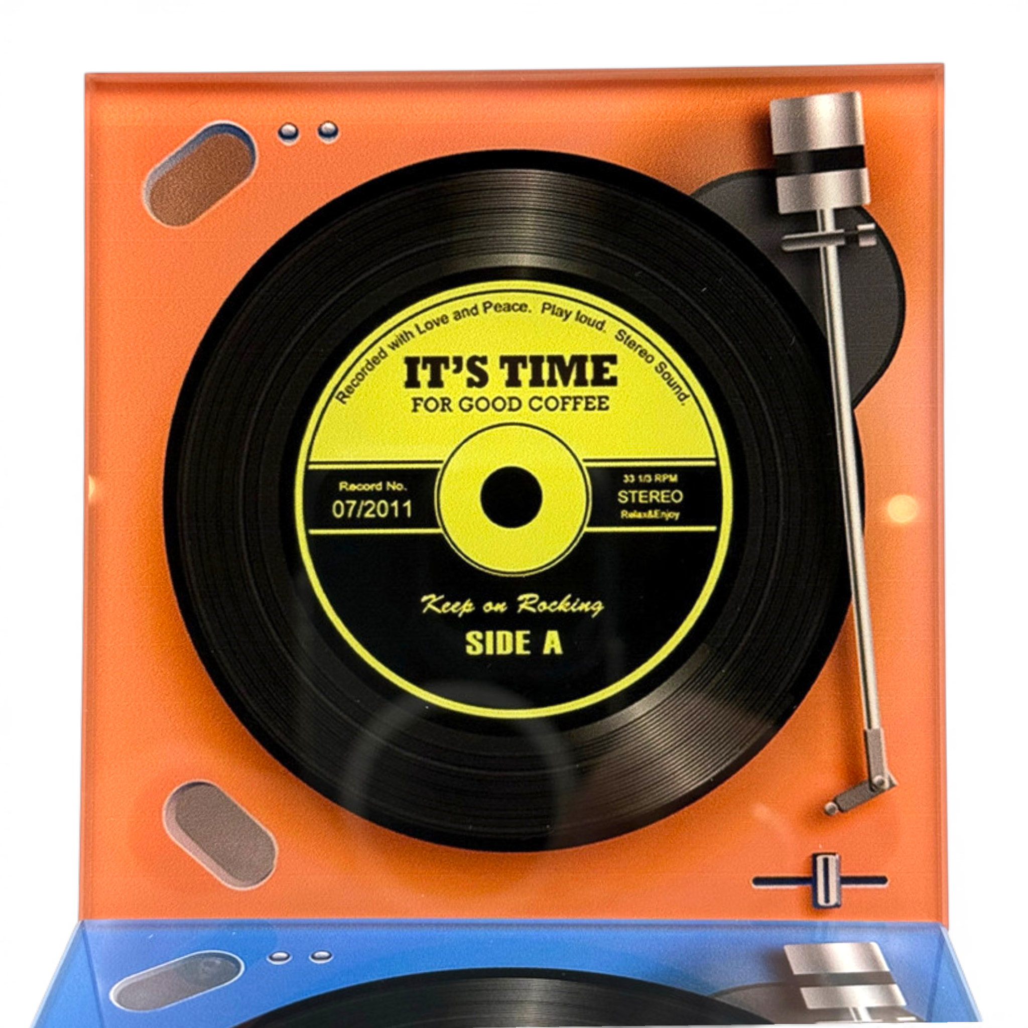 Record player design glass coaster on a white background with orange turntable style detail and vinyl record print
