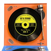 Record player design glass coaster on a white background with orange turntable style detail and vinyl record print