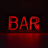 Red BAR glass neon sign glowing inside a clear acrylic display box
