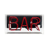 Red BAR glass neon sign inside clear acrylic box on white background