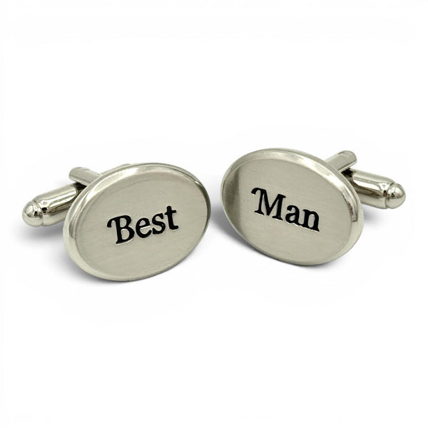 Rhodium plated Best Man oval cufflinks with brushed silver tone finish