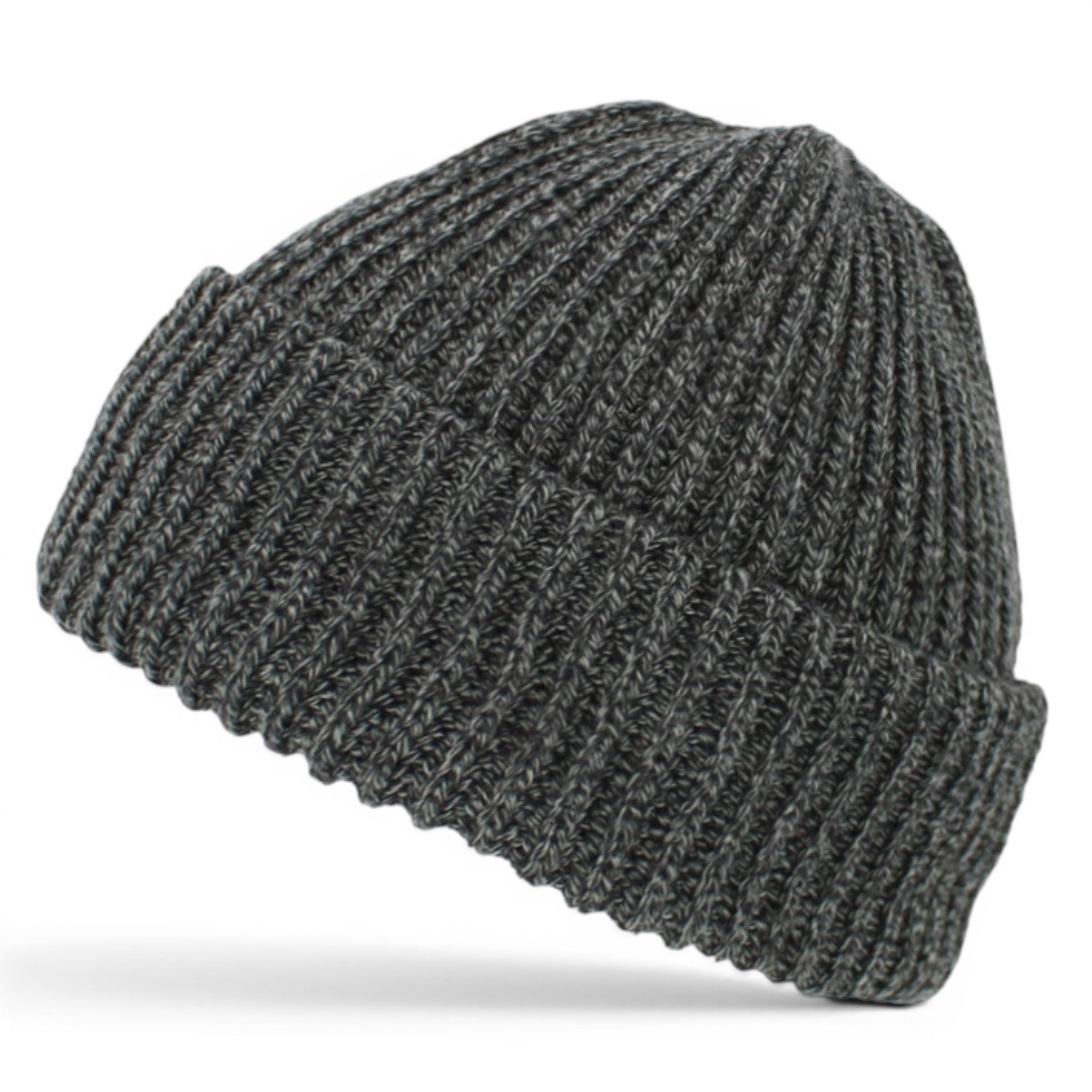 Dark grey mix ribbed knit beanie with folded cuff and soft textured knit finish.