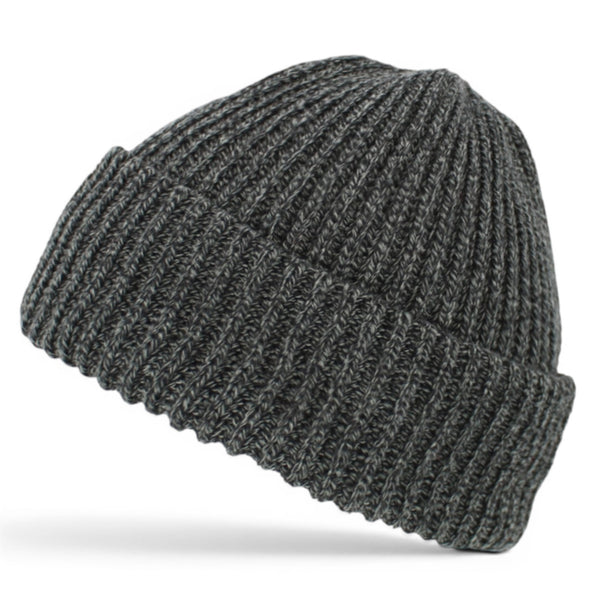 Dark grey mix ribbed knit beanie with folded cuff and soft textured knit finish.