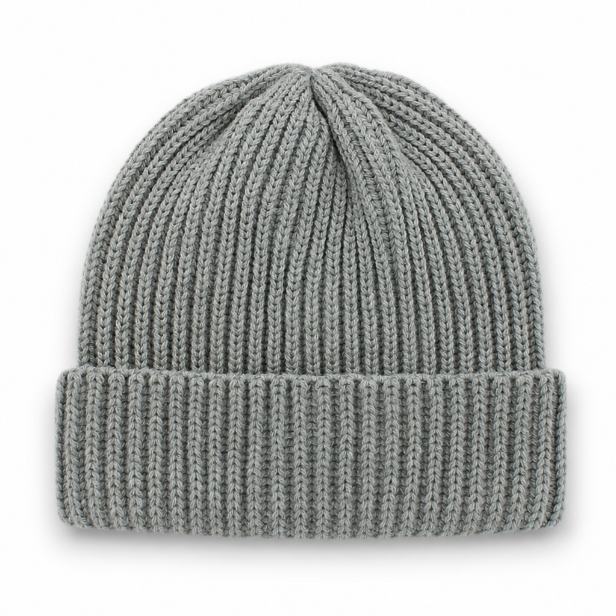 Light grey ribbed knit beanie with folded cuff on a white background with soft natural shadow.