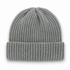 Light grey ribbed knit beanie with folded cuff on a white background with soft natural shadow.