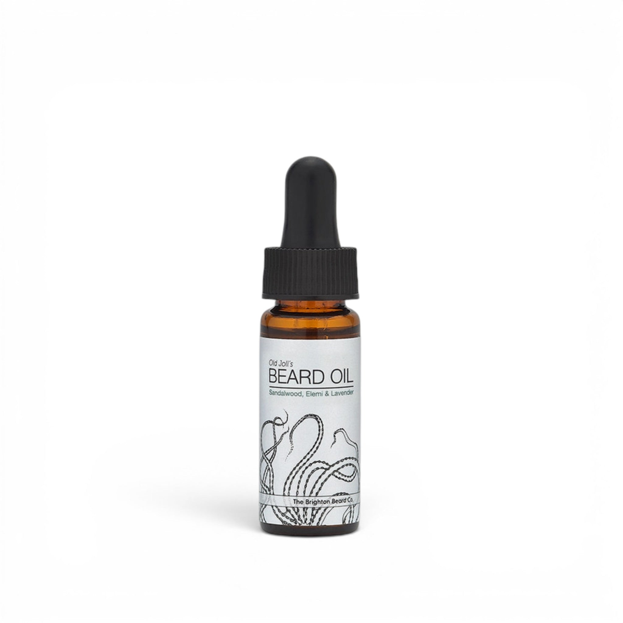 10ml sandalwood elemi lavender beard oil bottle with pipette lid on white background