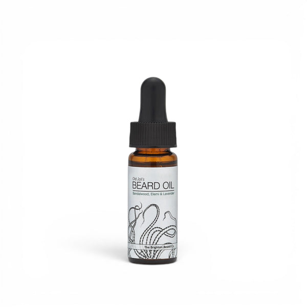 10ml sandalwood elemi lavender beard oil bottle with pipette lid on white background